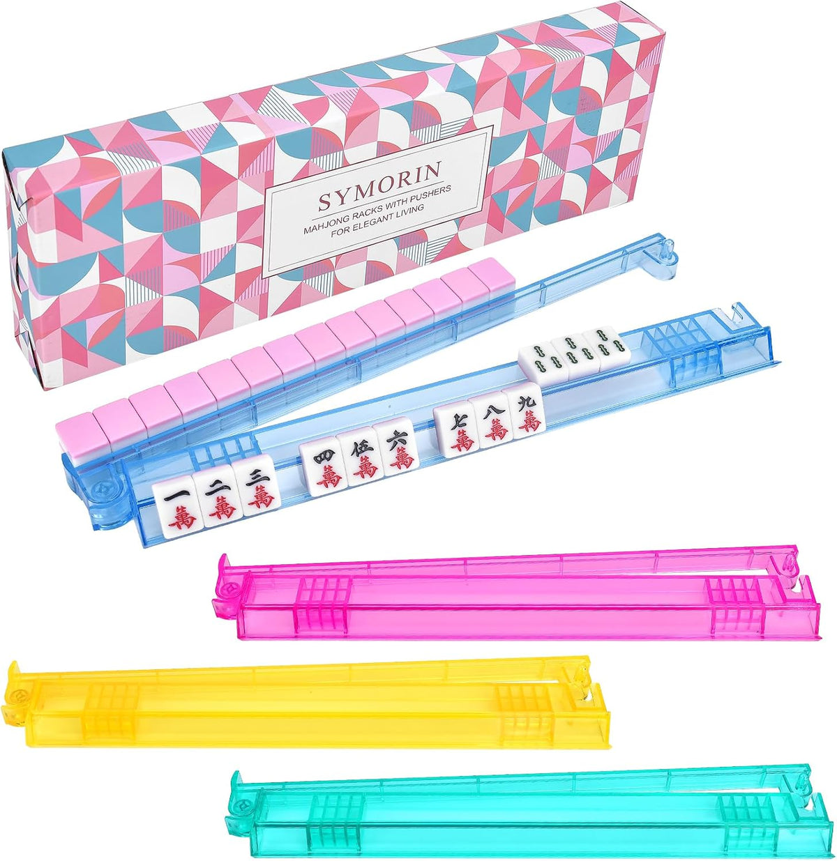 Premium Clear Mahjong Racks with Pushers - 4-color