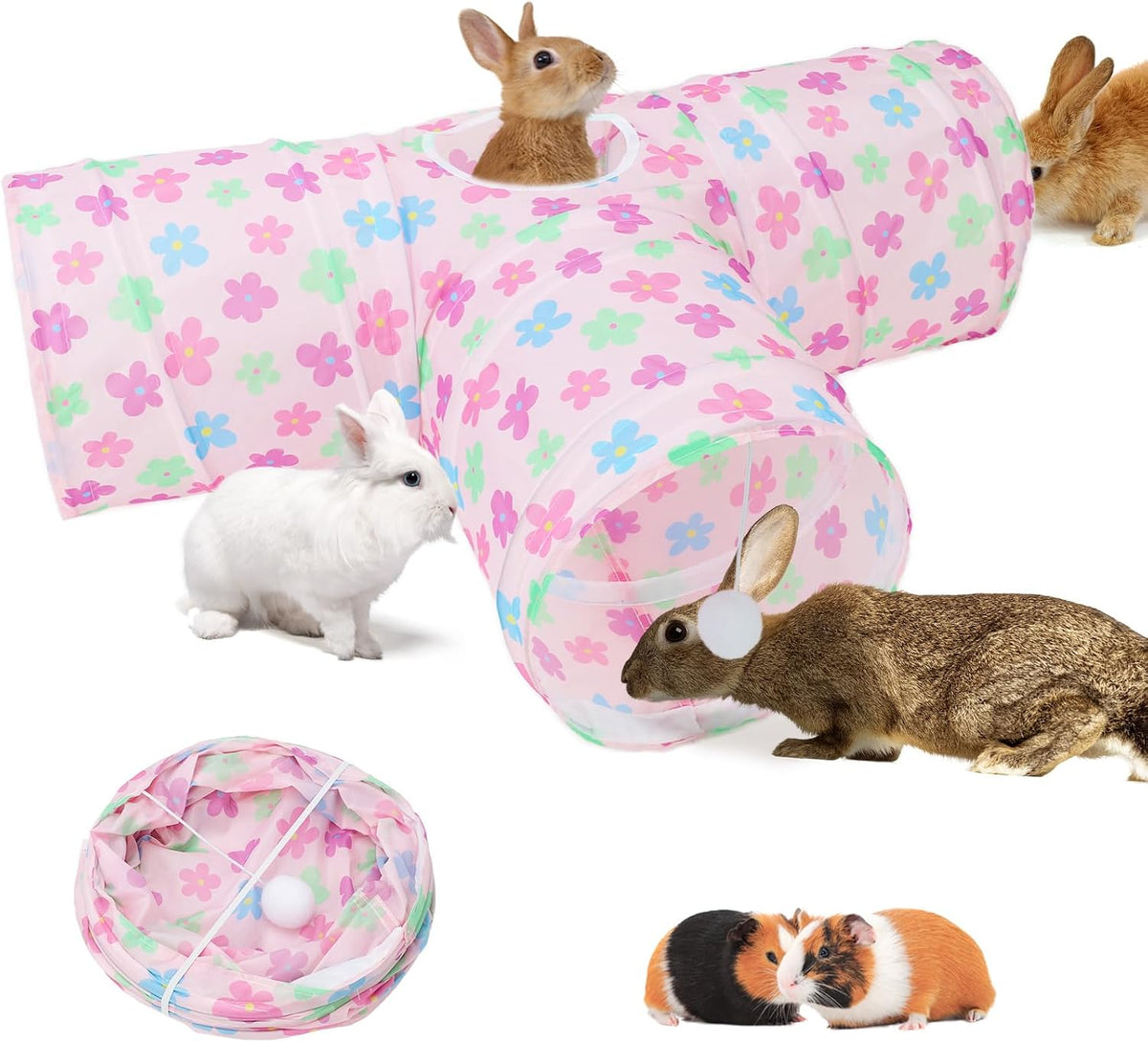 Bunny Tunnels & Tubes, 3-Way Collapsible Rabbit Hideout for Bunnies – Essentials for Small Pets - Pinkflower