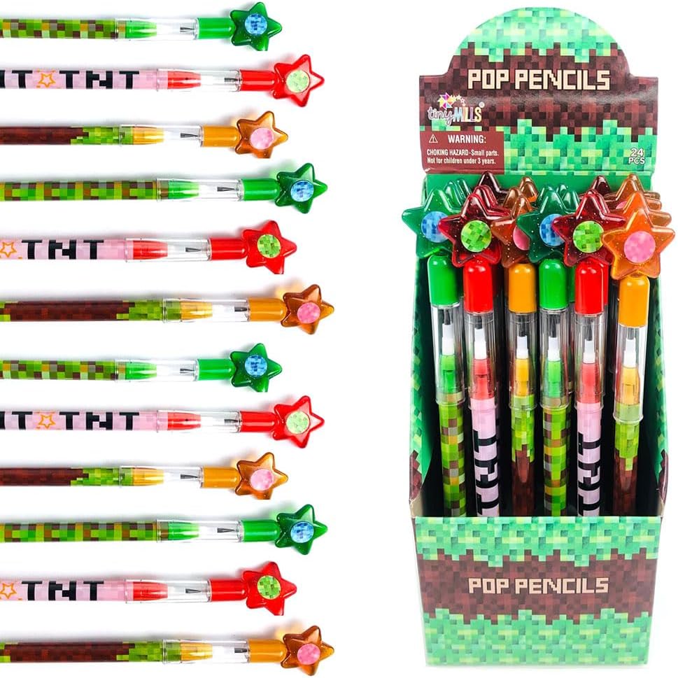 TINYMILLS 24 Pcs Pixel Miner Stackable Push Pencils