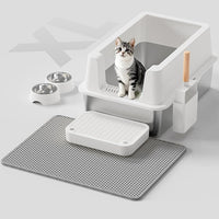 Stainless Steel Cat Litter Box - Enclosed XL Metal Kitty Litter Box with Lid for Big Cats, High Sided, Anti-Leakage, Easy Cleaning, Non-Sticky, Included Litter Mat, Cat Bowl & Spoon