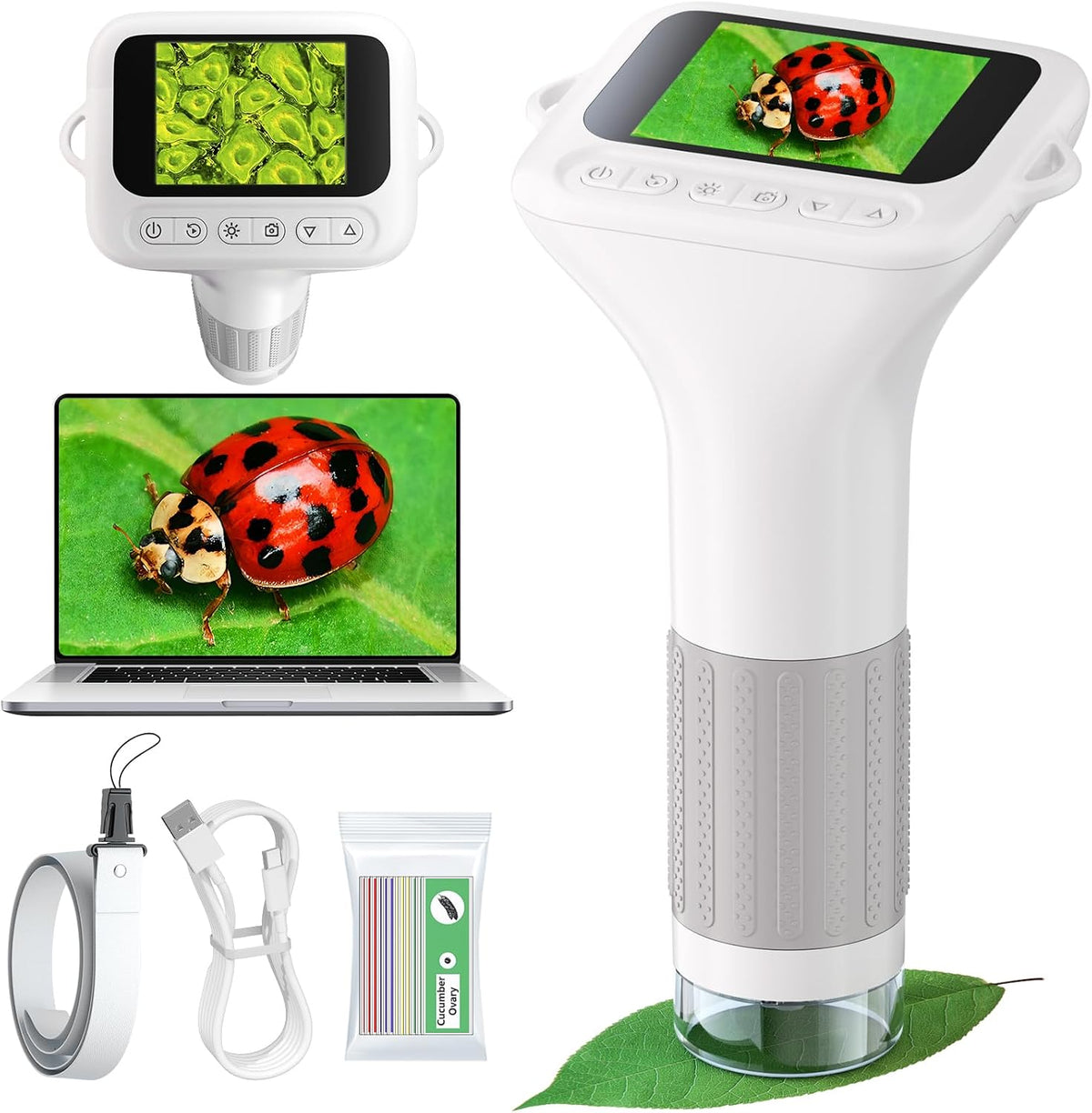 Odatay 1000X Digital Kids Microscope Kit with 12 Slides & 2" Screen - White