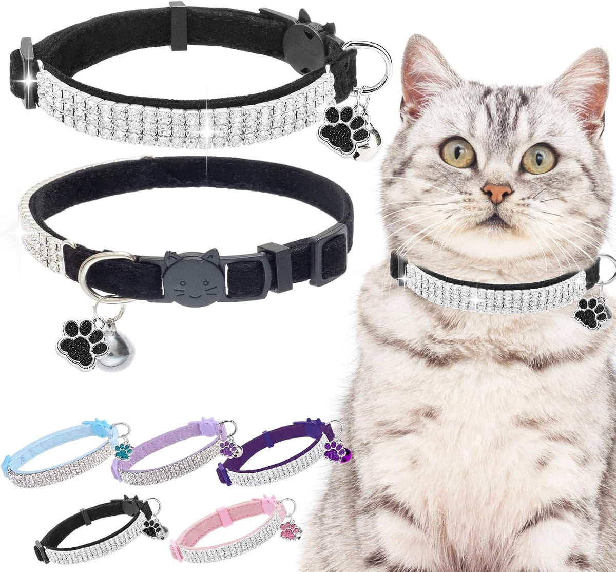 2 Pack Soft Velvet Safe Bling Diamond Cat Collars with Bells – Essentials for Cats - Black / 7"-9" For Cats