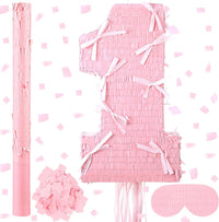 Feifeiya pink bow piñata with pink and white bat, eye masks and confetti - view 5