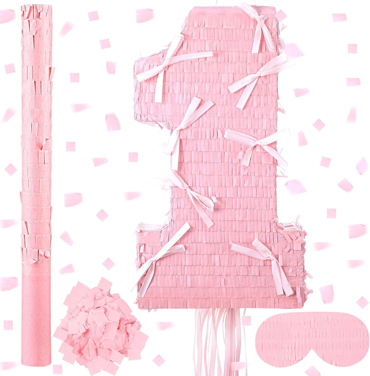 Feifeiya pink bow piñata with pink and white bat, eye masks and confetti - view 5