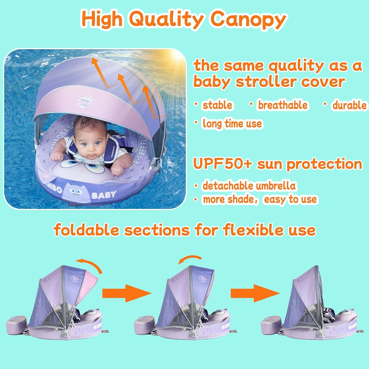 Mambobaby Float with Canopy UPF 50+ and Tail Non-Inflatable Baby Pool - Monster Purple - image 3