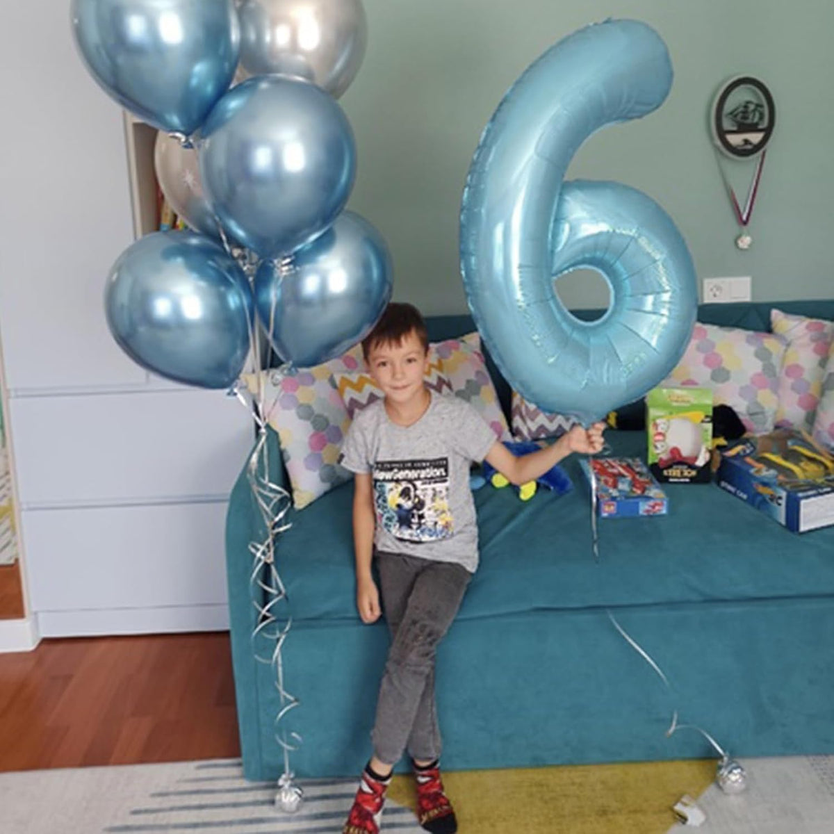 Checkered Number Balloon 1 - Pearl Blue / Number 6 - image 3