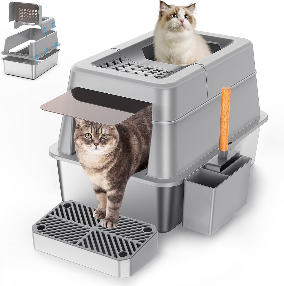 Aphyxen XL Stainless Steel Litter Box with Lid - XL Grey