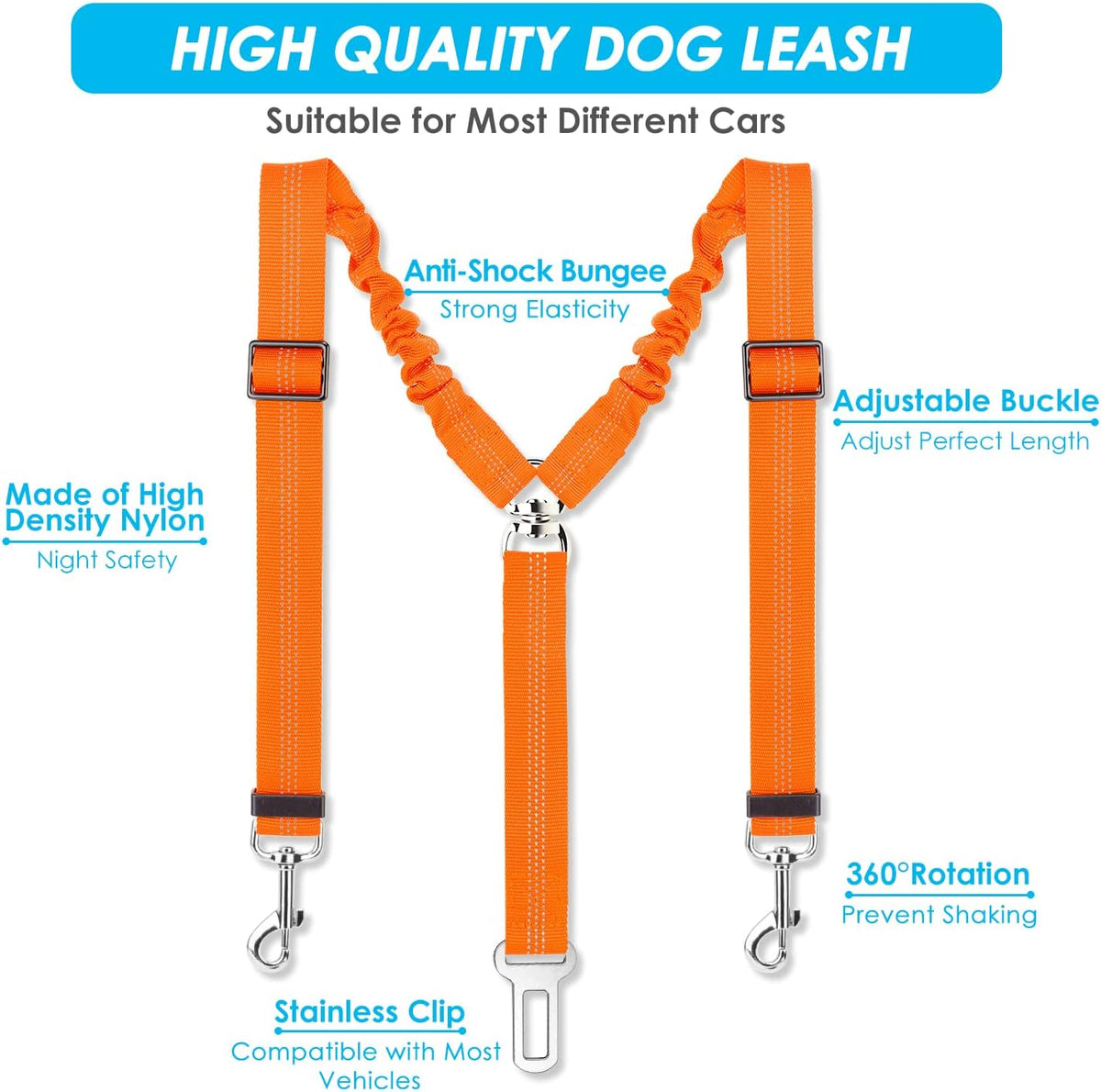 SlowTon Double Dog Seat Belt for Car with Elastic Bungee Buffer - J.Orange / 2 Small in 1 - image 3