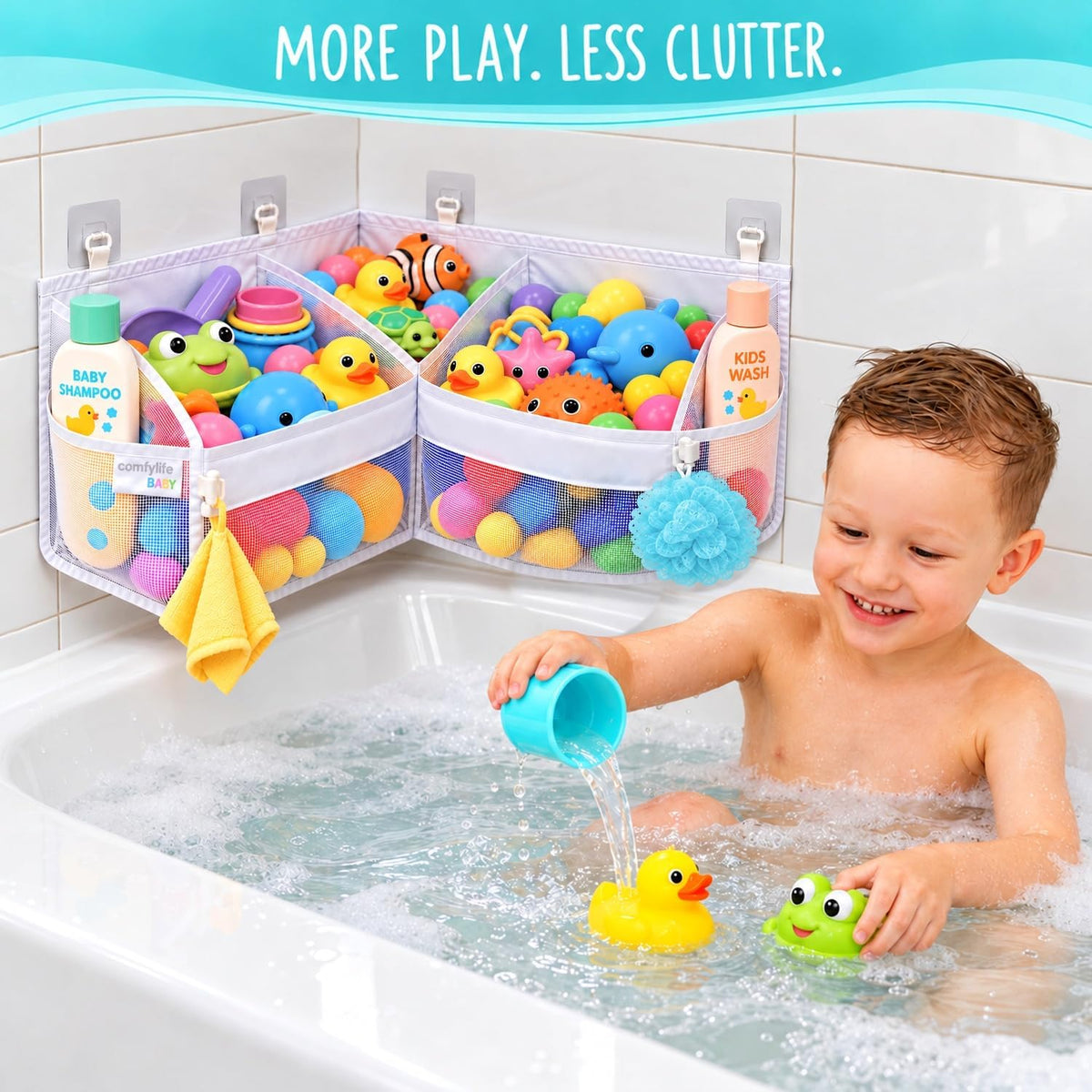 2 x Mesh Bath Toy Organizer + 8 Ultra Strong Hooks - White Corner XL - image 2