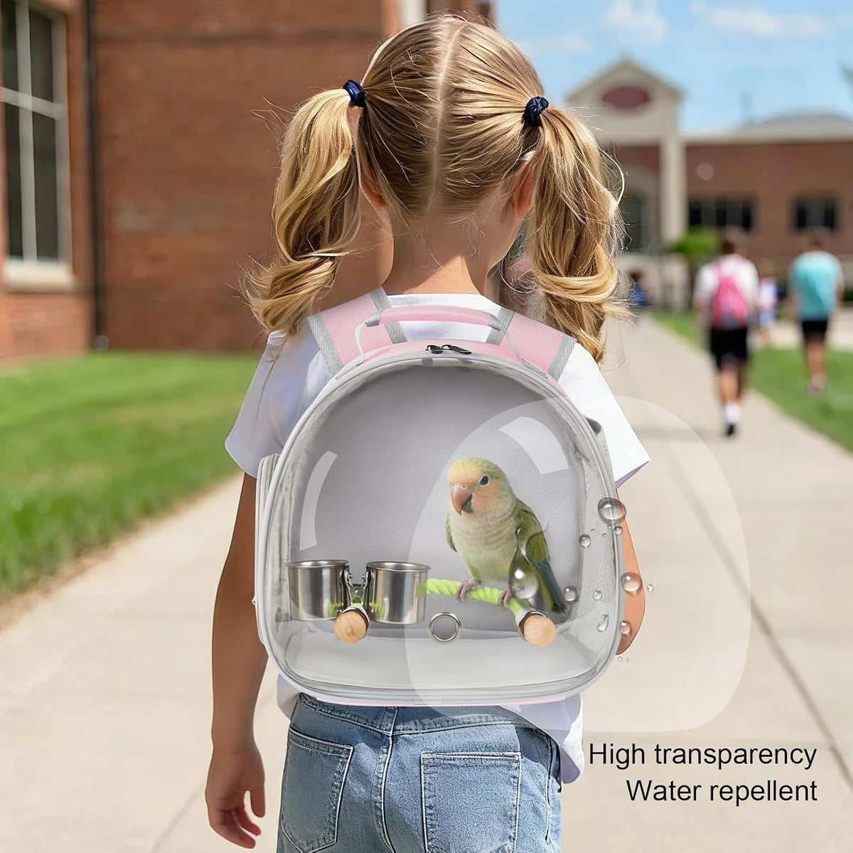 Small Bird Travel Backpack Carrier Cage - Pink / Clear Bubble + Cups - image 4