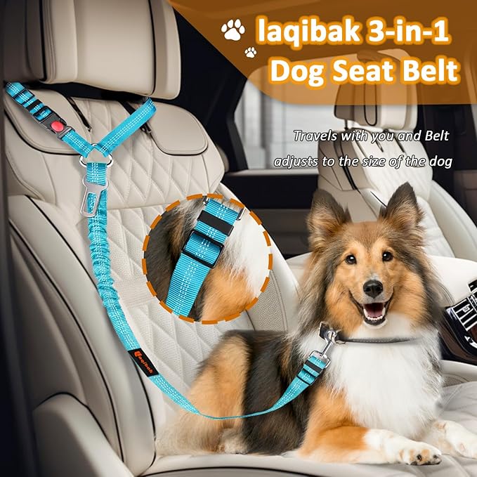 Removable Dog Seat Belt Harness for Car, 3 in 1 Pet Dog Car Seatbelt Leash, Retractable Restraint Secures to Vehicle Headrest & Adjustable Reflective Bungee Dog Seatbelt Tether, Blue