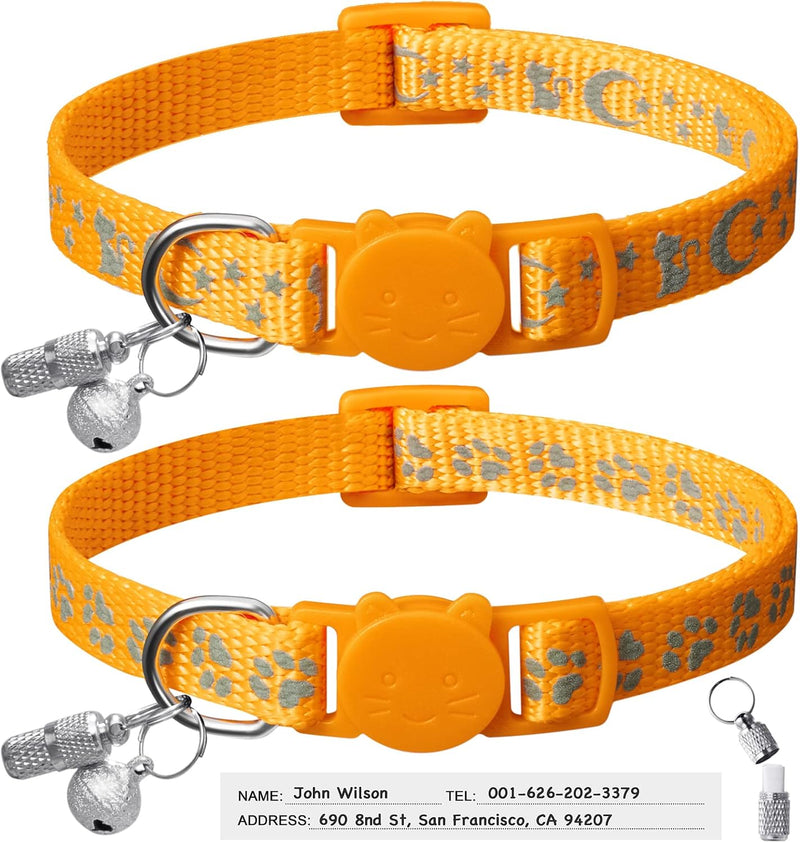LLHK 2 Pack Breakaway Cat Collars & 2 Pcs Name Tags - Orange