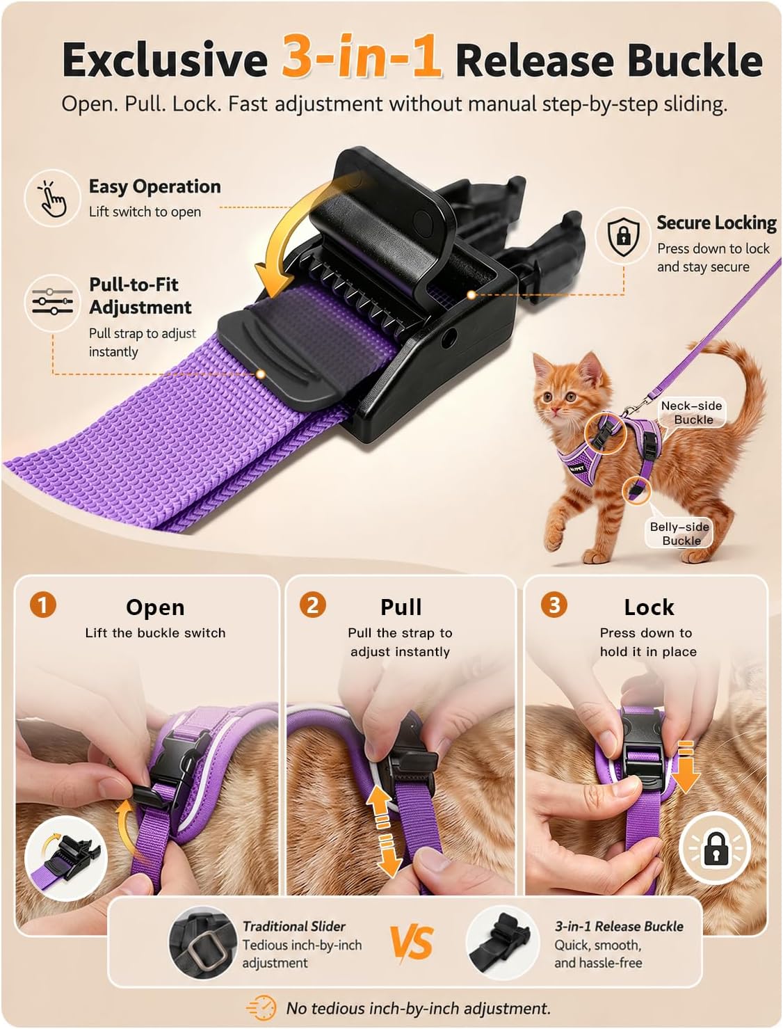 Cat Harness and Leash Set, Escape Proof Kitten Harness, Black - H600 Pro Purple / X-Small (4-6lb) - image 4