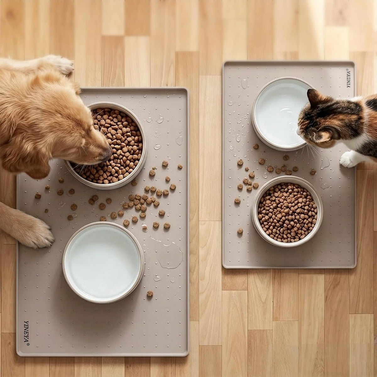 YINEYA 2 Pack Silicone Dog & Cat Food Mat Waterproof 18" x 12" - Taupe / 22" x 14" - image 2