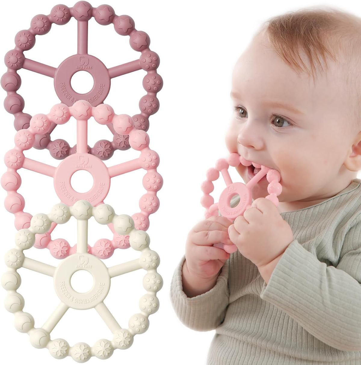 3 Pack Ring Teether Baby Infant Toys, Baby Essentials - Purple Pink White