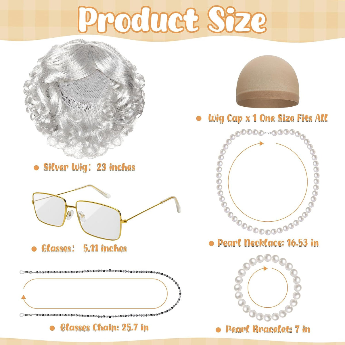 Huskein Old Lady Costume, Old Lady Cosplay Silver Bun Wig Glasses Wig Cap Pearl Necklace Bracelet - Silver-lady - image 2