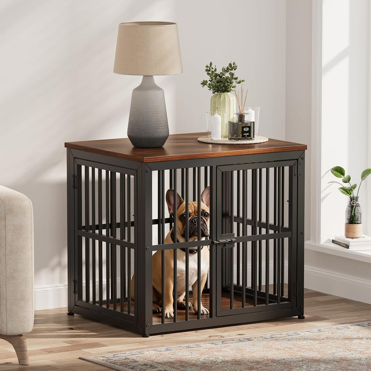 Lyromix 48'' XXL Dog Crate Furniture with 3 Doors for Large Dogs – Essentials for Dogs - Walnut / 26.9"L x 20.9"W x 24.0"H