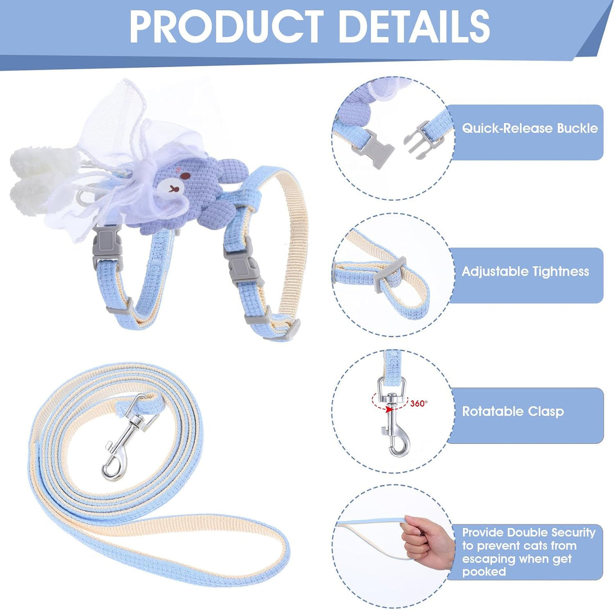 TIESOME Cat Harness and Leash Set - Ribbon Bear Blue - image 4