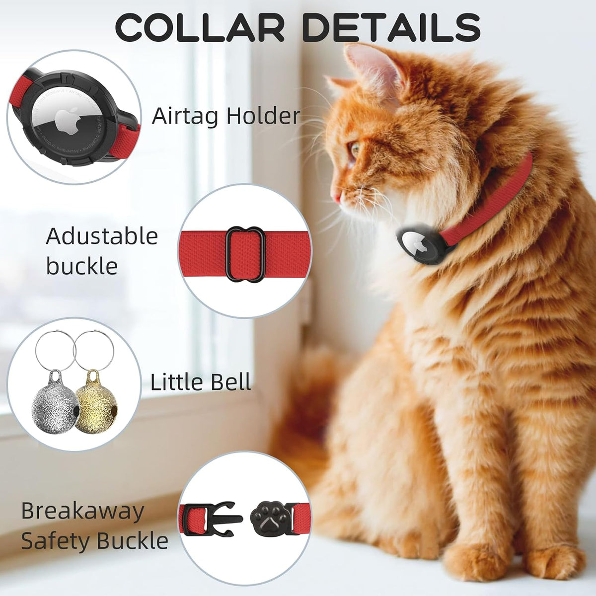 AirTag Cat Collars, Stretchy Collar with Air Tag Holder and Bell – Essentials for Cats - Red - image 3