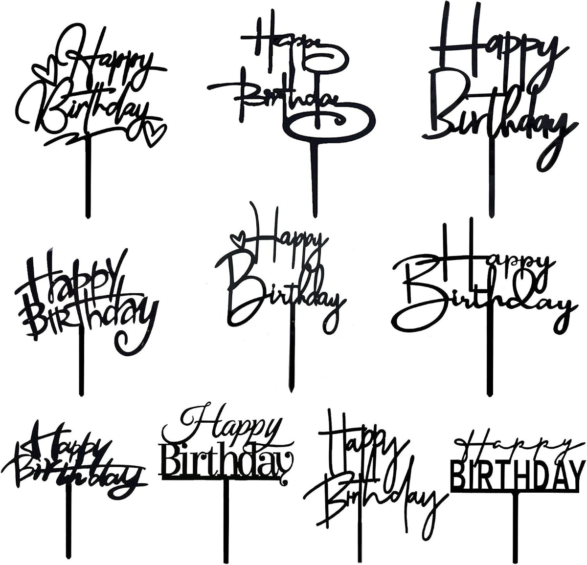 10 PCS Black Happy Birthday Cake Topper Acrylic Cupcake Topper - Black