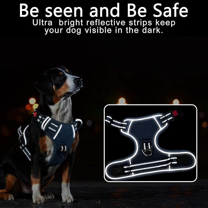 Timos Dog Harness Large Sized, No Pull Pet Harness with Neck Lockable Snap,No Choke Front Clip Dog Reflective Vest,Adjustable Metal Rings 3 Buckles,Easy Control Handle for Large Dogs Royal Blue L