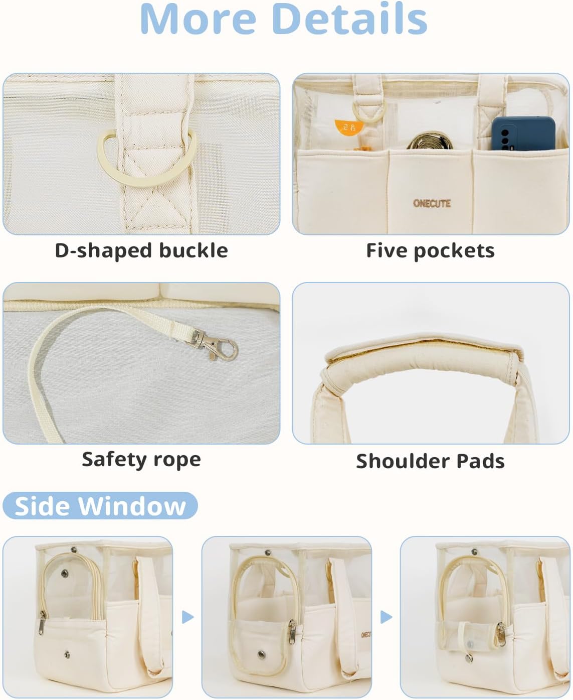 ONECUTE Dog Purse Carrier for Small Dogs Rabbit cat with Large Pockets - Beige Mesh / 16.9"L x 7.4"W x 12.2"H - image 4