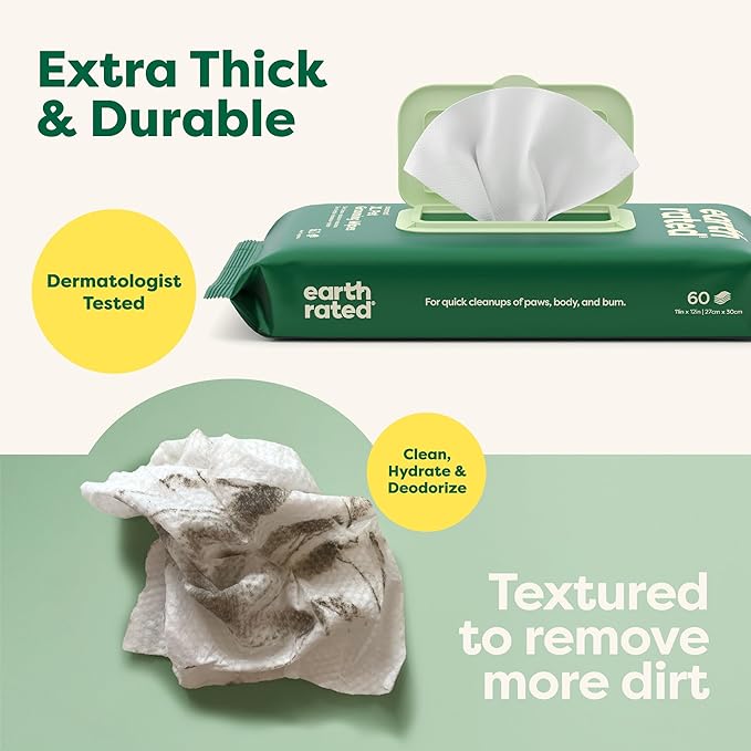Earth Rated XL Pet Wipes for Dogs & Cats, 3-in-1 Hypoallergenic Cleaning, Deodorizing and Hydrating Extra Large Grooming for Body, Paws and Butt, Unscented, 60 Count