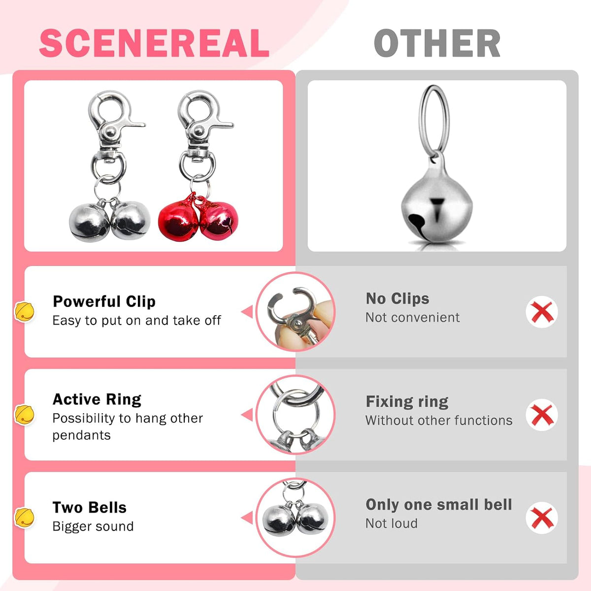 Bells for Dog Collars - 2 Pack Pet Hanging Ring Bell Accessories for Dog & Cat, Pet Pendant Collar - Silver & Red - Gloss / Small - image 3