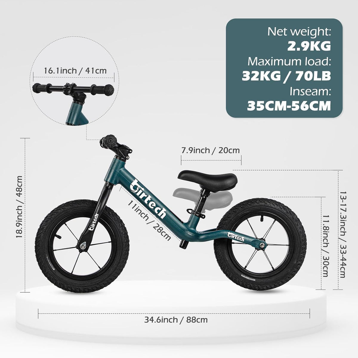 Birtech 12 inch balance bike with air rubber tires, U-shaped footrest and aluminum handlebar - view 14