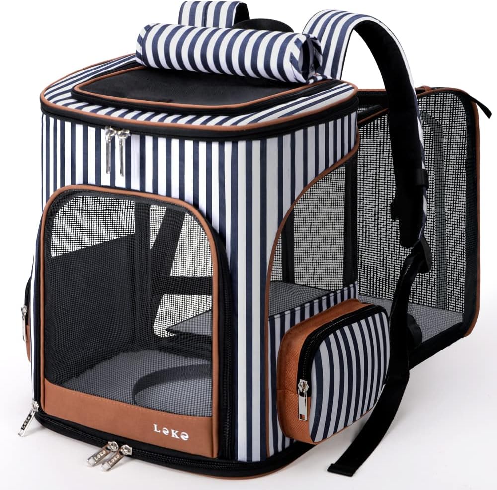 Lekereise Cat Backpack Expandable Pet Carrier Backpack for Small Cats - Stripes / L-Mesh Window