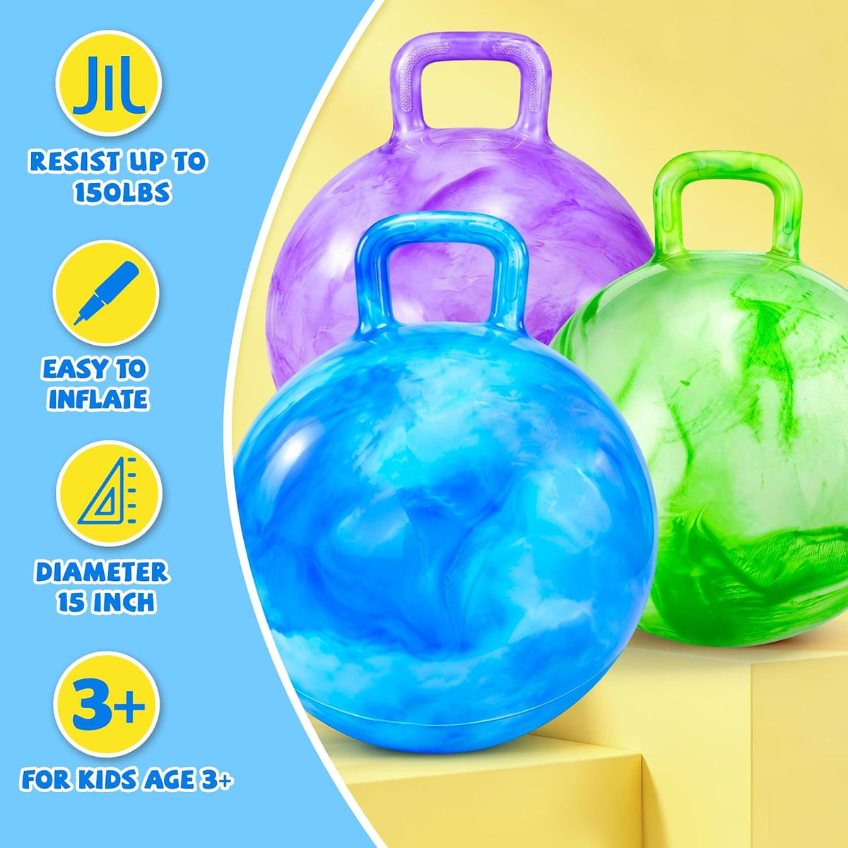 Bouncy Ball with Handle for Kids - 3P 15inch (Green+Purple+Blue) - image 4