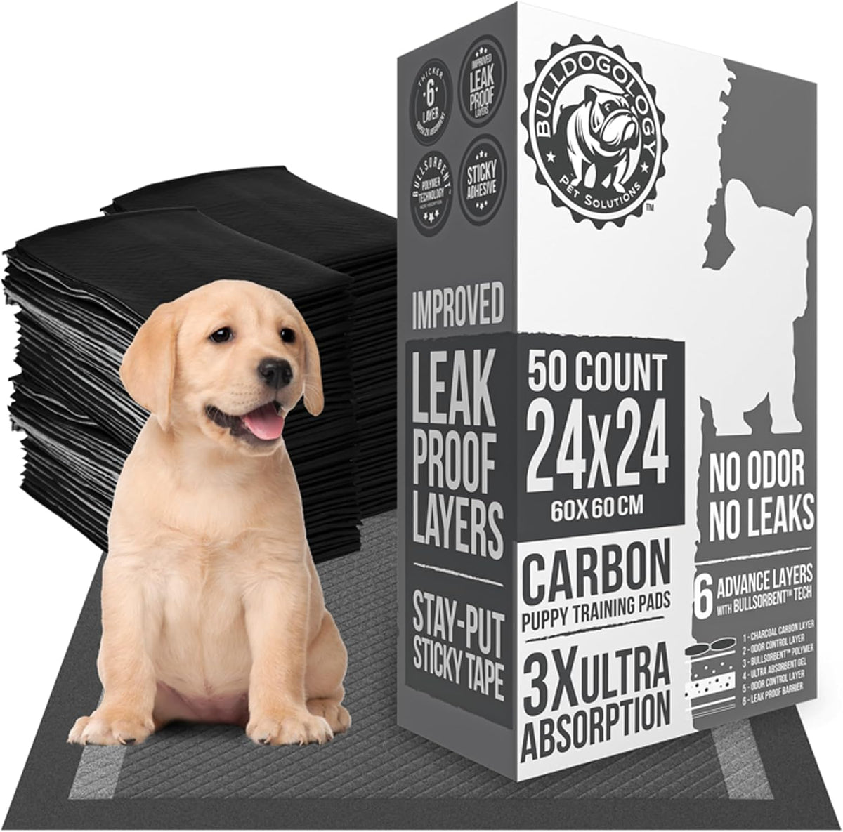 Bulldoglogy 50-Count Carbon Black Dog Pads Puppy Training Pads - 50-Count (24x24)
