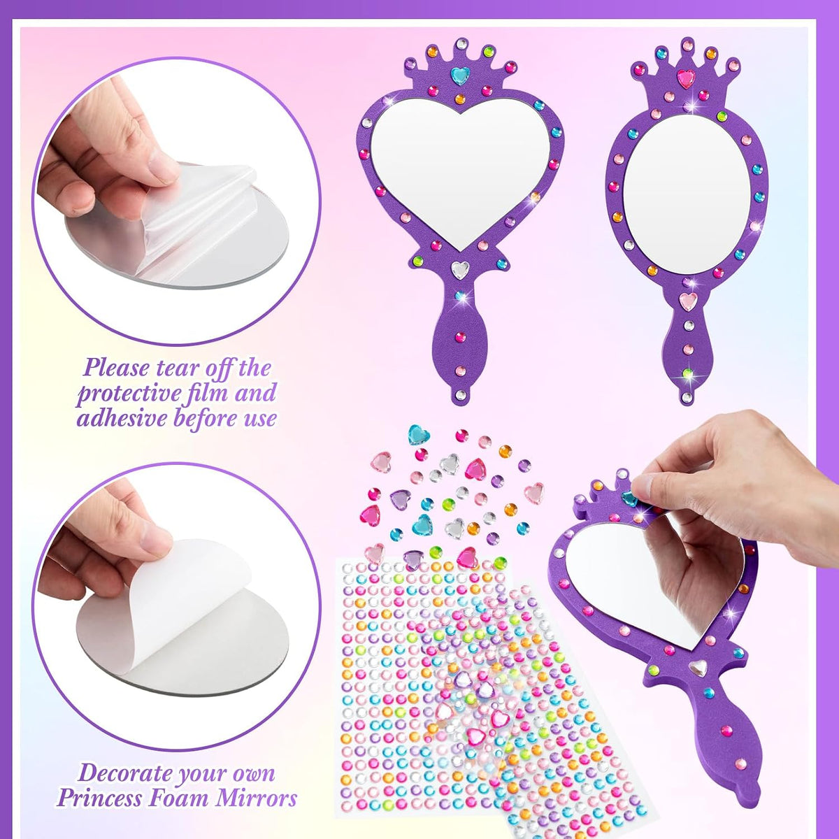 Geetery unbreakable kids mirror craft kit, 20 heart and oval foam princess mirrors in pink, blue and - view 16