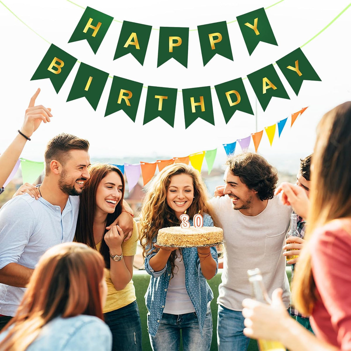 Happy Birthday Banner,Pre-Strung Black and Gold Party Decorations，16ft Pre-Strung Hanging Sign - green - image 4