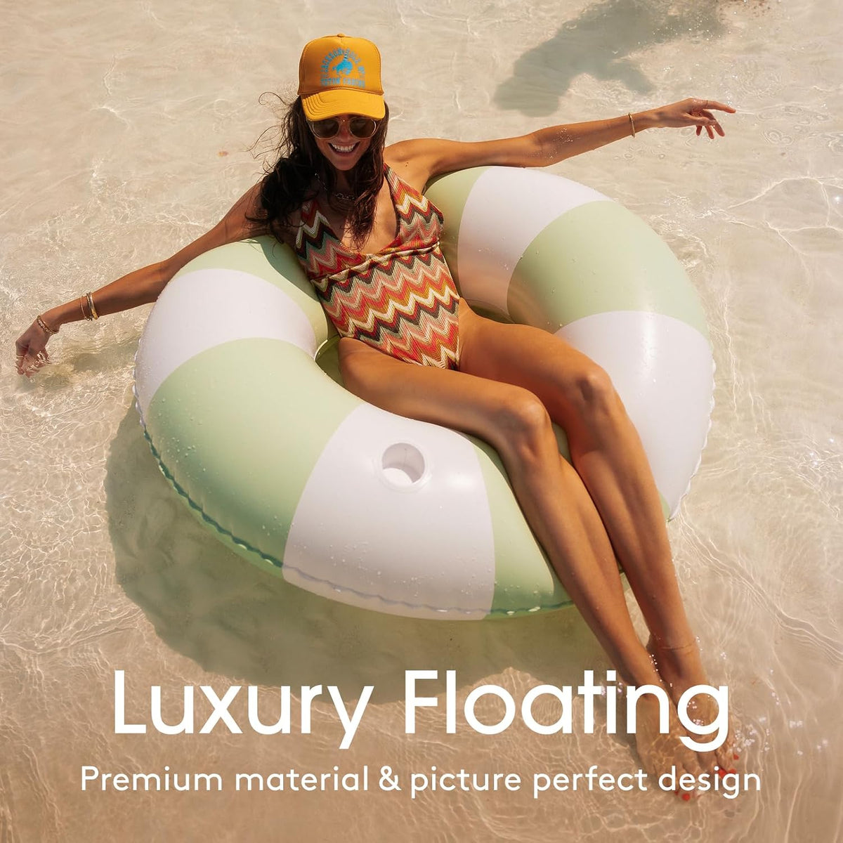 FUNBOY Giant 46" Vintage Green Stripe Pool Tube Float with Cup Holder – Fun for Kids & Family - Green / 46" - image 2