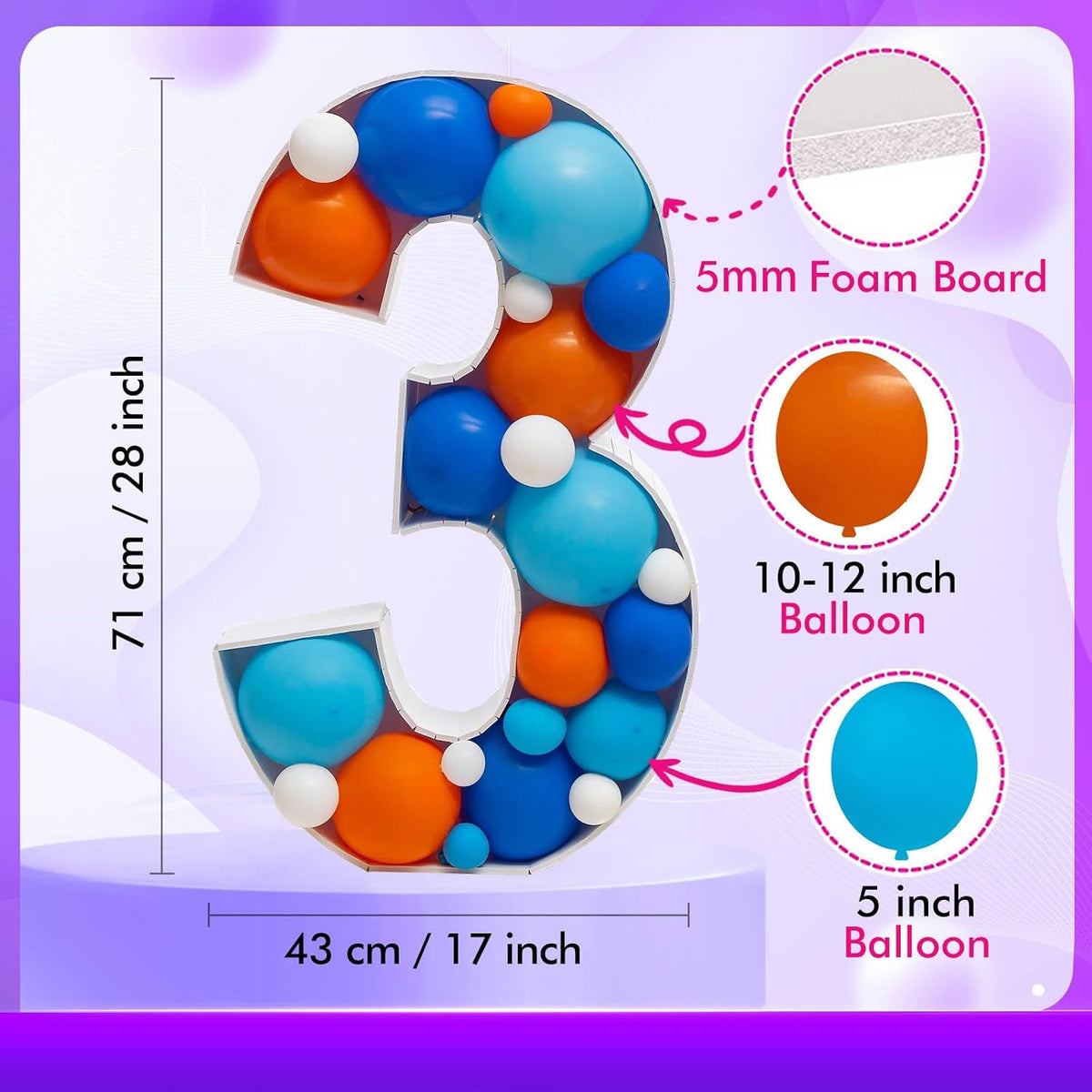 28 inch DIY Mosaic Balloon Number 1 Frame, Party Backdrop Decor – Fun for Kids & Family - Number 3 - image 3