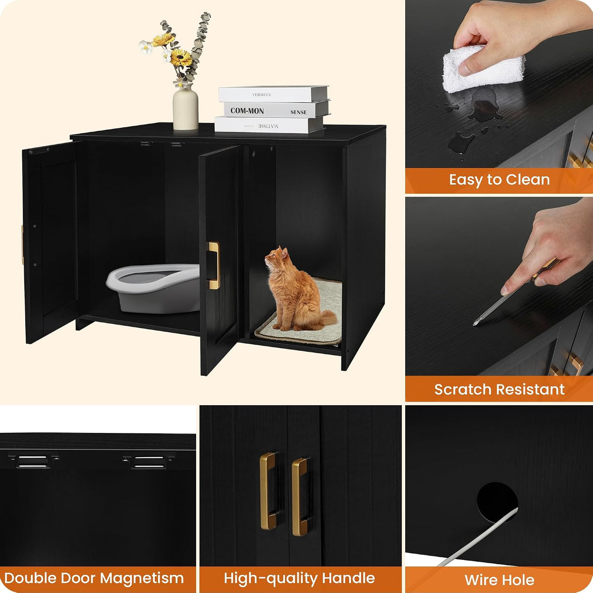 Cat Litter Box Enclosure, with Scratching Mat - Black / 27.6"L x 18.2"W x 19.6"H - image 4