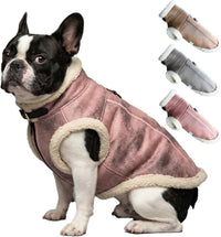 Retro Aviator Dog Jacket – Faux Leather Winter Coat with Plush Sherpa Fleece Lining for Bulldog - Pink / Large
