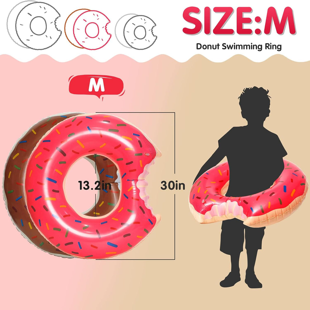 DMAR Donut Pool Float, Donut Tube & Ring for Beach & Pool - Set of 4 （Pink & Brown 30in） - image 2