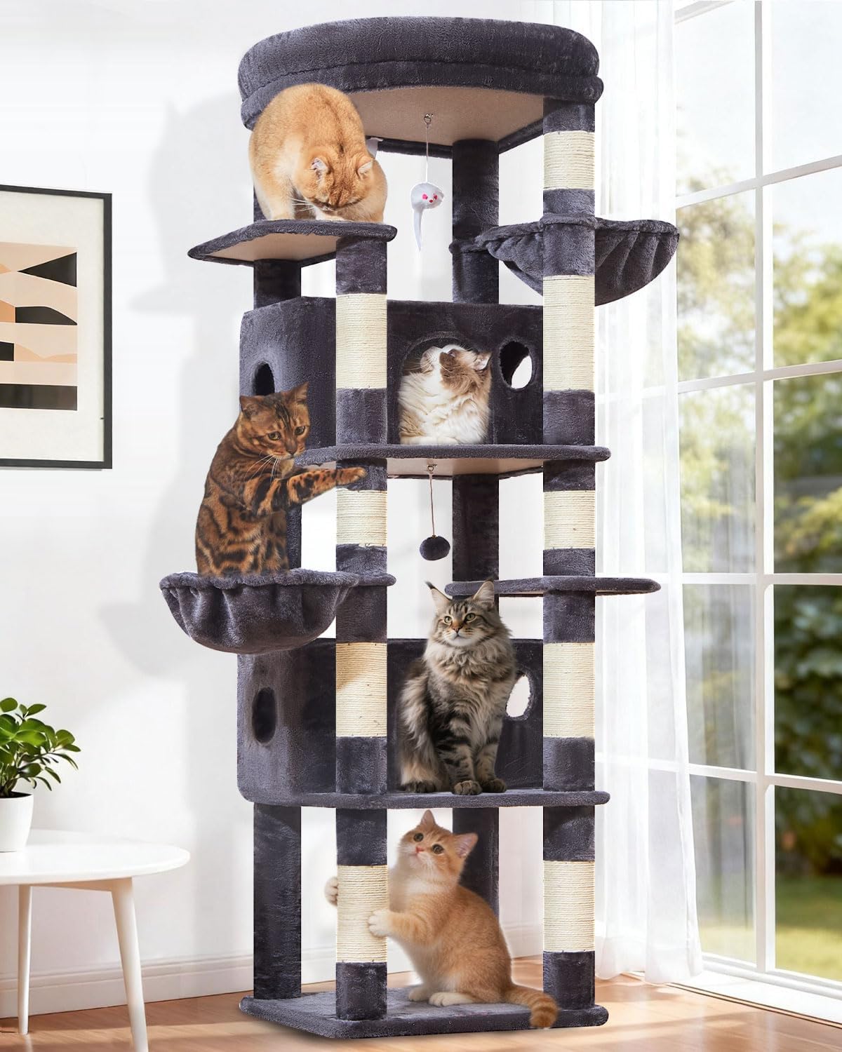 Taoqimiao Cat Tree, 67 in Tall Cat Tower with 2 Plush Cat Condos – Essentials for Cats - Sturdy-73IN / Smoky Gray