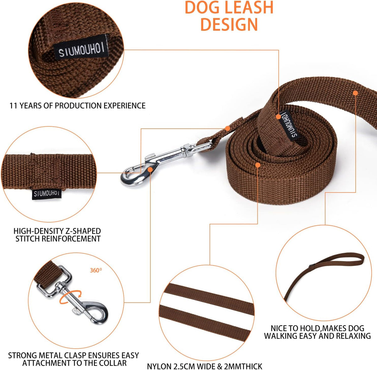Strong Durable Nylon 10ft Long Dog Training Leash, Traction Rope - Brown / 6 Feet - image 4