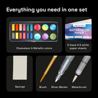 ARTISTRO 50 Metallic Watercolor Paint Set with Brushes for Adults - 18 colors Portable Travel - image 2