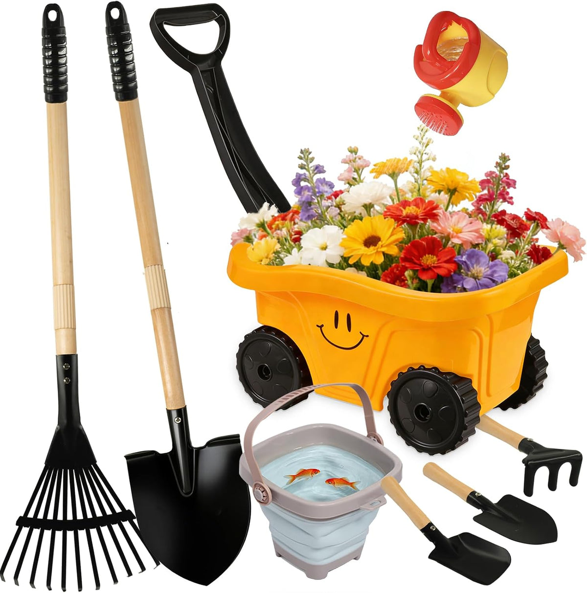 7PCS Kids Gardening Tools, Long Shovel, Rake for Leaves, Spade - Multicolor