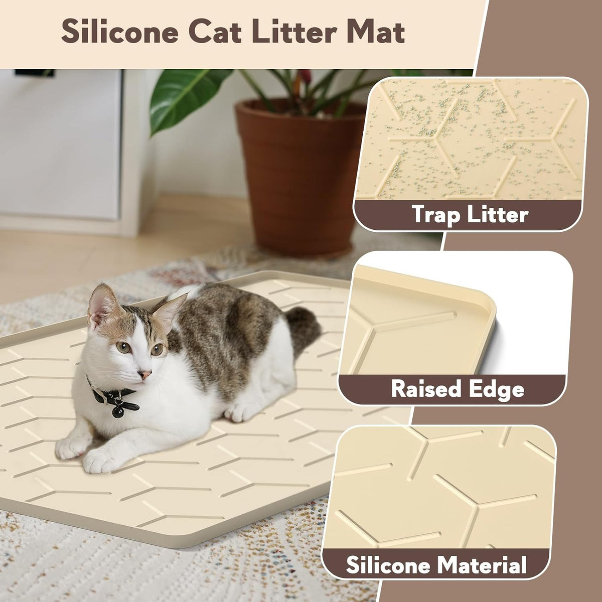 Silicone Cat Litter Mat 34×22 inch, Easy to Clean, Gray – Daily Care for Cats - 34" X 22" / Beige - image 3