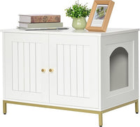 Homhedy Cat Litter Box Enclosure, Cat Washroom Furniture with Metal Frame, Pet House, Fit Most of Litter Box, Modern Style, White and Gold