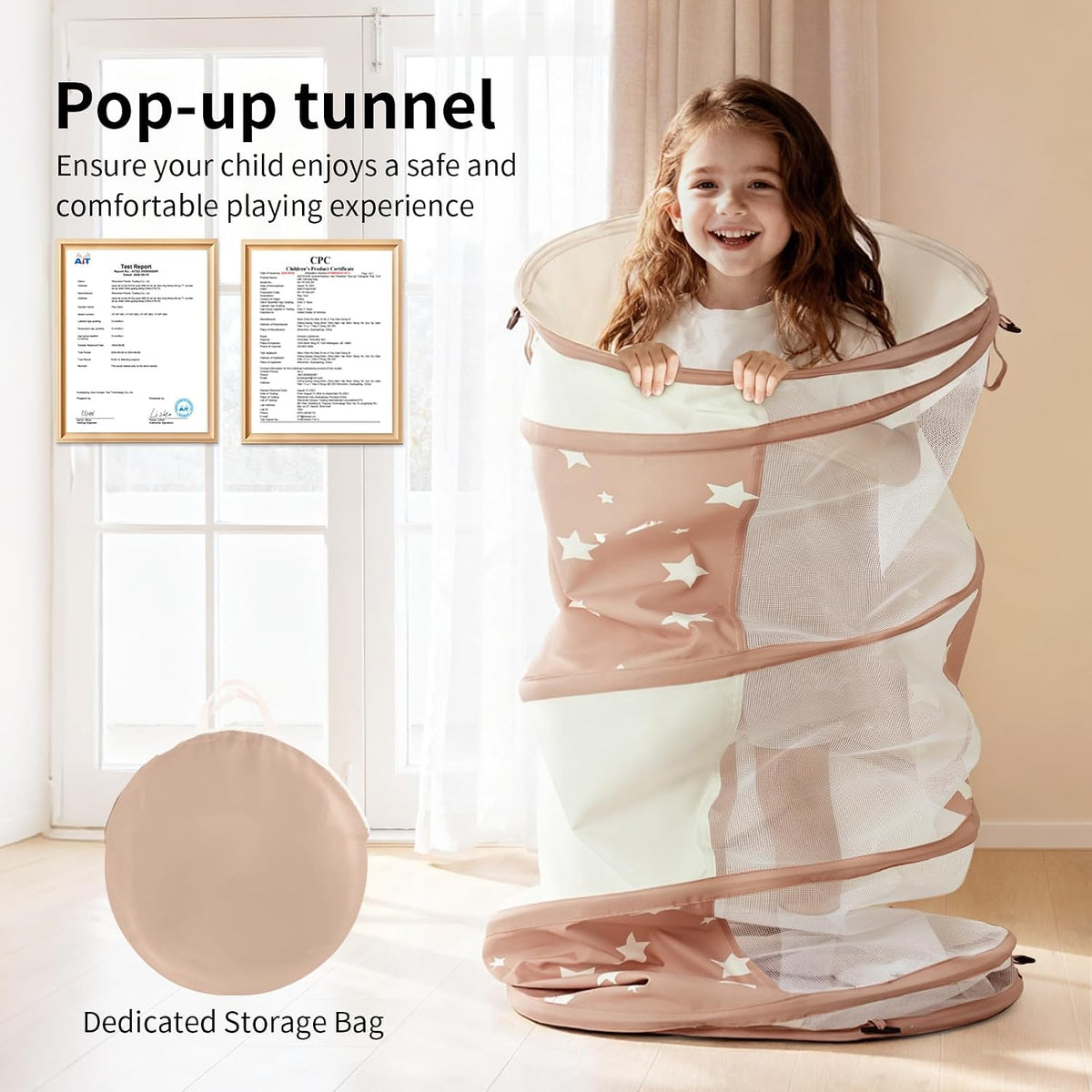 Sumbababy pop-up toddler crawl tunnel with coffee-colored star pattern - view 3