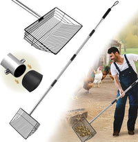 Chicken Poop Scooper with Long Handle- Coop Scoop with 24-68" Adjustable Stainless Handle, 4-in-1 Sifter Shovel for Poultry Waste Cleaning Accessories (Black)