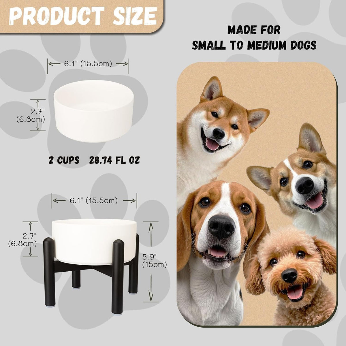 Raised Ceramic Dog Bowl Set with Stand - White / 1 Bowl - 3.5 Cups - image 2