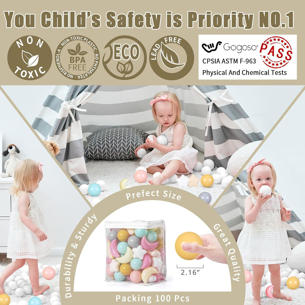 GOGOSO Ball Pit Balls Stars Moon Shapes Plastic Pitballs for Child - 100 balls / Cream Mix 7 Colors - image 2