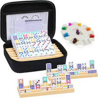 Mexican Train Dominoes Set with Numbers and 4 Wooden Trays/Racks - D12 Dot 4 Players